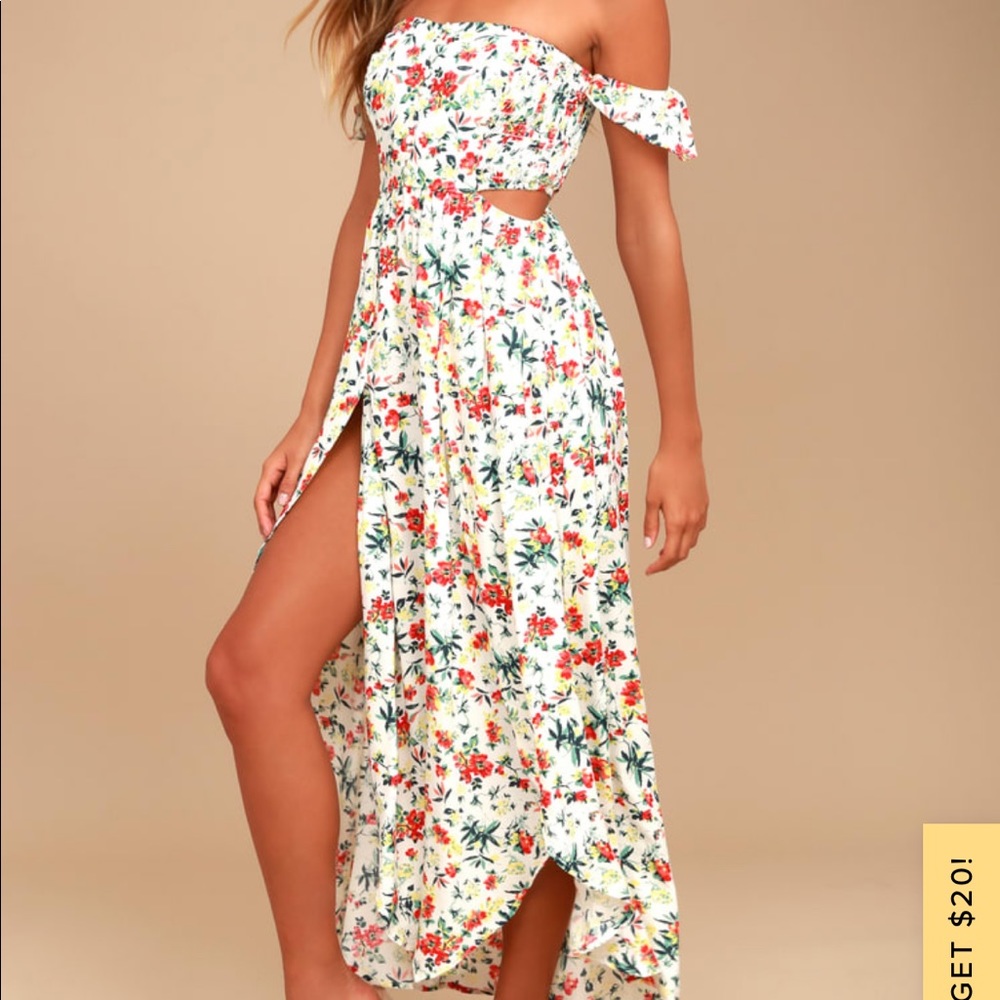 Easy on the Eyes Floral Print Cream Off the Shoulder Maci Dress